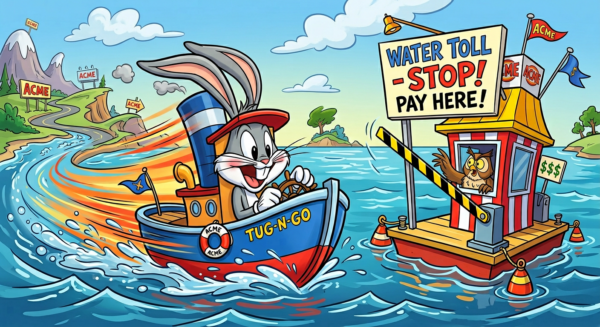 Cartoon illustration of a ship stopped at a toll gate in the Panama Canal representing China detaining Panamanian-flagged vessels