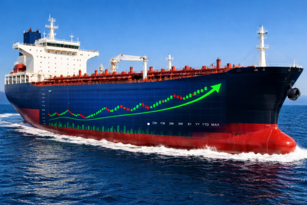 Tanker ship at sea representing the difference between spot rate voyages and time charter contracts in the tanker shipping market and how contract structure shapes stock earnings