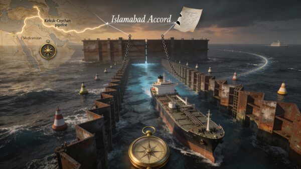 Tanker navigating chained Strait of Hormuz closure with Islamabad Accord document and Kirkuk-Ceyhan pipeline map overlay